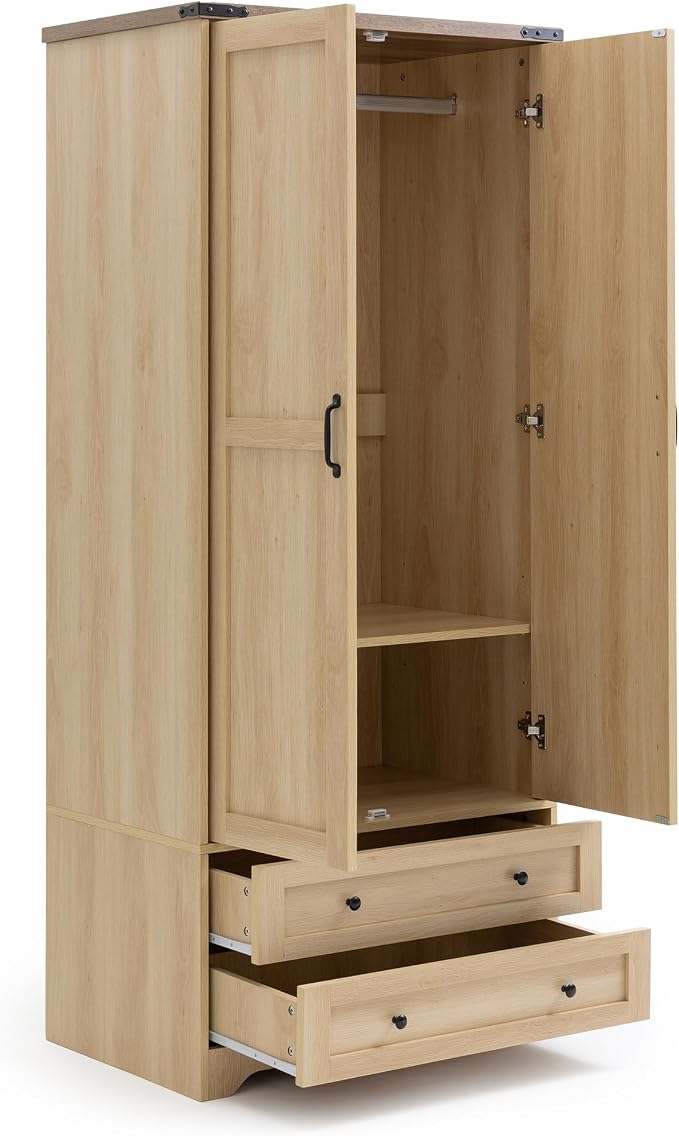 Brafab Armoire Wardrobe Closet with 2 Modern Doors Set of 2, 71" Tall Freestanding Closet Wardrobe Cabinet with Drawers and Hanging Rail, Wooden Storage Cabinet with Shelve for Bedroom, Natural