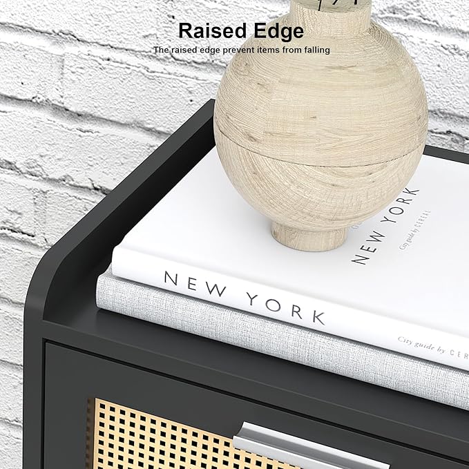 LAATOOREE Nightstand Set of 2, Small Black Bedside Table, End Table with Rattan Door, Boho Side Table with Solid Wood Legs for Bedroom Living Room Small Space