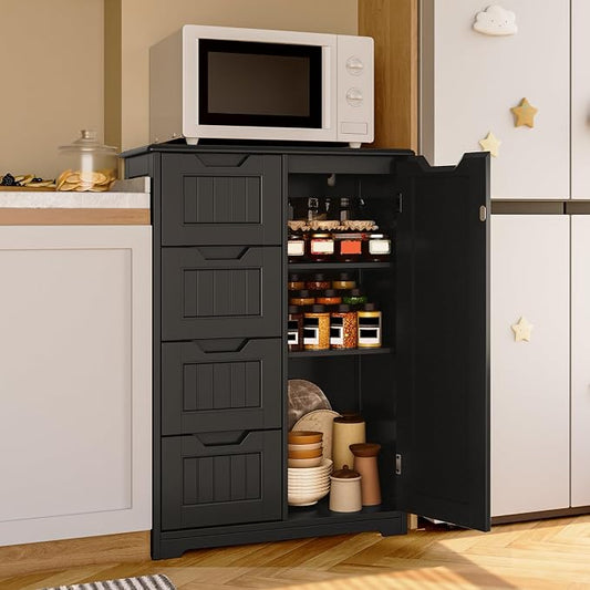 Gizoon Small Kitchen Pantry Storage Cabinet with Door and Shelves, 33'' Kitchen Pantry Cabinet Freestanding Wooden Bathroom Storage Cabinet with 4 Drawers for Kitchen and Dining Room, Black, Painted