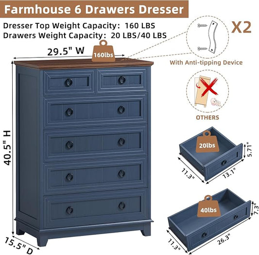 Joaxswe Farmhouse 6 Drawer Dresser for Bedroom, 41" Tall Small Dressers & Chest of Drawers, Rustic Wood Dresser with Metal Handle, Storage Organizer Closet for Living Room, Hallway, Entryway
