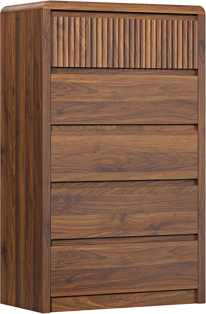 LYNSOM 5 Drawer Dresser for Bedroom, 48" Tall Fluted Dresser with Curved Corners, Wood Dressers & Chests of Drawers with Dual-Panel Design for Bedroom, Entryway, Walnut