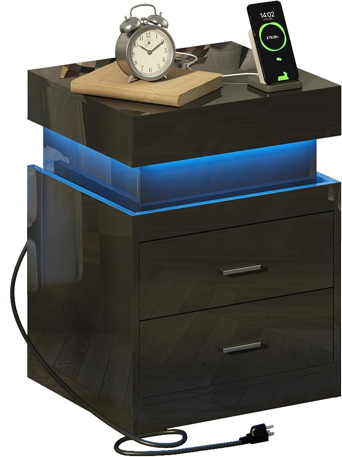 ChooChoo LED Nightstand with Charging Station,Smart Night Stand with Sliding Top Storage, 2-Drawers High Gloss Bedside Table, Modern End Table for Bedroom,Black