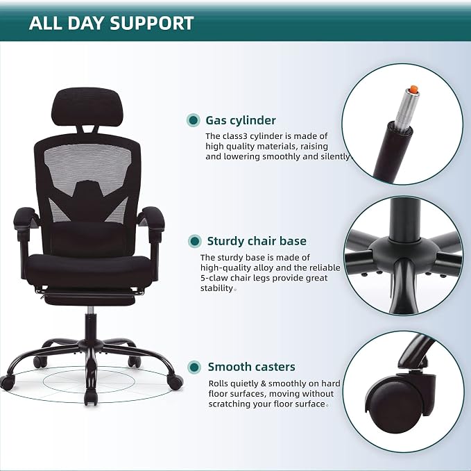 DUMOS Home Office Desk Chair with Footrest, High-Back Mesh Rolling Swivel Reclining Chairs with Wheels, Comfortable Headrest, Lumbar Support, Comfy Arms for Home, Office, Gaming, Student, Inky
