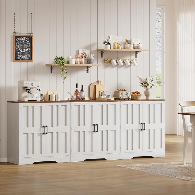 Sideboard Buffet Cabinet, Modern Farmhouse Kitchen Storage Cabinet, 94.5" Modular Accent Cabinet Coffee Station Bar Media Console Table Credenza for Kitchen Dining Room, Living Room Entryway Hallway
