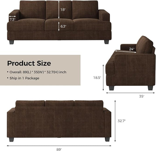 COPIAE 89 Inch Sofa with Extra Deep Seats Oversize, 3 Seater Sofa for Living Room, Modern Couch and Sofa, Comfy Armrests and Seats and Backrests, Easy Installation,Wide Corduroy Fabric Brown