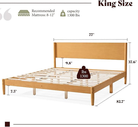 AMERLIFE Solid Wood King Size Bed Frame, Mid Century Modern Platform Bed with Full Panel Headboard, Noise-Free & Cylindrical Legs, No Box Spring Needed, Under-Bed Storage, Natural Wood