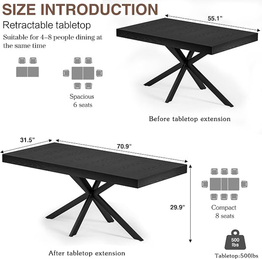 Extendable Dining Room Table for 4 6 8, 55"-71" Long Rectangle Kitchen Table,Wood Expandable Dining Table with Hidden Leaf & Storage, Space Saving, for Kitchen Dining Living Room, Modern, Black