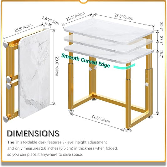 4NM No Tool Assembly 23.6" Small Desk, Folding Portable Desk with Wheels, Adjustable Height Foldable Computer Home Office Desks, Collapsible Study Writing Table for Space Saving Bedroom - White Gold