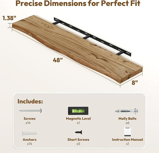 Vivelove Live Edge Floating Shelves Solid Wood, 48 Inch Set of 1, Elm Shelves for Wall with Invisible Bracket for Living Room Bedroom Bathroom Office Book, Rustic Farmhouse Wooden Shelf - Natural