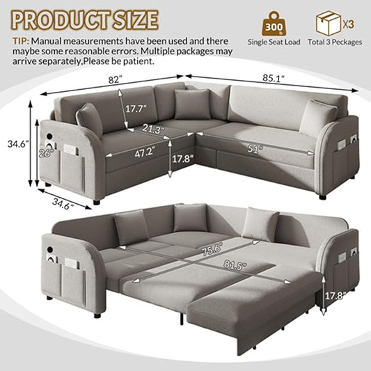85.1" L-Shaped Pull Out Sofa Bed – Oversize Convertible Sleeper Couch with USB Ports & Side Storage, Teddy Upholstered Sectional for Living Room & Bedroom, Light Grey