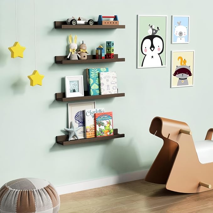 Forbena 24 Inch Floating Picture Ledge Shelf Set of 4, Wooden Picture Shelf for Wall with Ledge for Living Room Bedroom, Dark Wood Wall Shelves with Lip Edge for Photo Frames Display (Rustic Brown