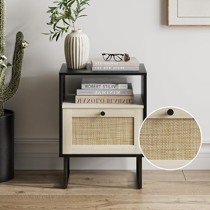 Masupu Boho Night Stand, Small Rattan Side Table, Wood Nightstand with Drawer and White Oak Shelf, Bedside Table, End Table for Bedroom,Living Room,Office (Black Frame)