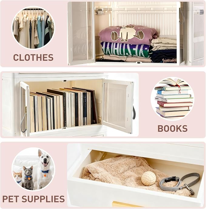 Pet Portable Wardrobe Closet with Doors, Pet Wardrobe Storage Cabinet with Hanging Rod Storage Organizer Large Plastic Storage Cabinet for Pet Clothes, Toys, Snacks, Plastic folding storage box units