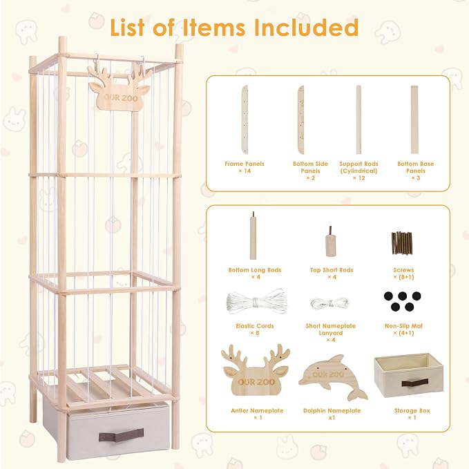 Stuffed Animal Storage Tower, 4-Tier Wooden Stuffed Animal Organizer Holder, Plushies Storage with Two Wooden Cute Zoo Signs for Nursery Playroom Bedroom