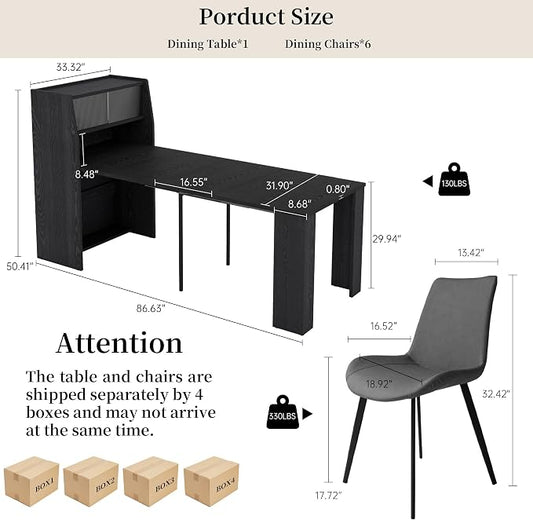 HIPIHOM 86.6" Extendable Kitchen Table Set for 6, Storage Cabinet | Space-saving Extendable MDF Dining Set with 6 Grey Chairs, Family Meal, Apartment, Small Room