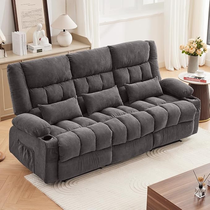 MAHOMICO Recliner Sofa with Cup Holders for Living Room 3 Seat Manual Oversized Recliner Chiar with Ergonomic, Side Pocket for Adult