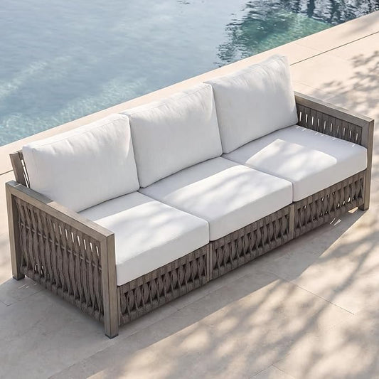 3 Seats Outdoor Sofa, Aluminum Patio Sofas Couch with Thick Cushions, Never-Rust 3-Seater Rope Weave Outside Patio Couch, Deep Seating Outdoor Sofa Furniture for Garden, Decks, Porch, Gray Oak
