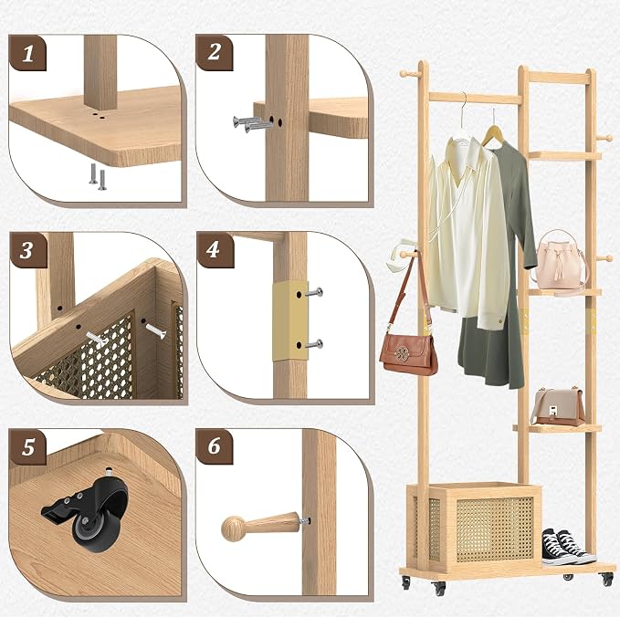 Wood Clothes Rack with Storage, 4 Shelves, 4 Hooks, Garment Rack with wheels, Coat Rack Freestanding, Clothing Rack Heavy Duty Hall Tree for Living Room Hallway,856 Natural