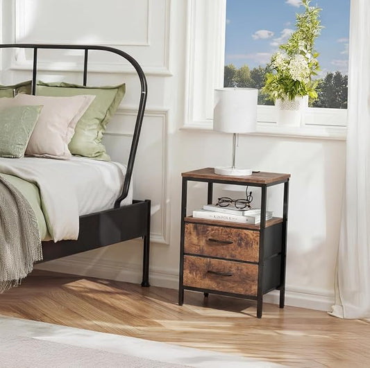 Huuger Nightstands Set of 2, End Tables with Charging Station, Fabric Drawers, Bedside Tables with USB Ports and Outlets, Night Stands for Bedroom, Rustic Brown