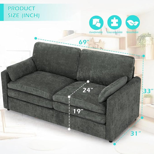 69” Chenille Love seat Sofa w/Arm Pillows, Upholstered 2 Seater Sofa w/Comfortable Back Cushions, Modern 2 Seats Couch w/High-Density Foam for Living Room, Apartment, Office, Grey