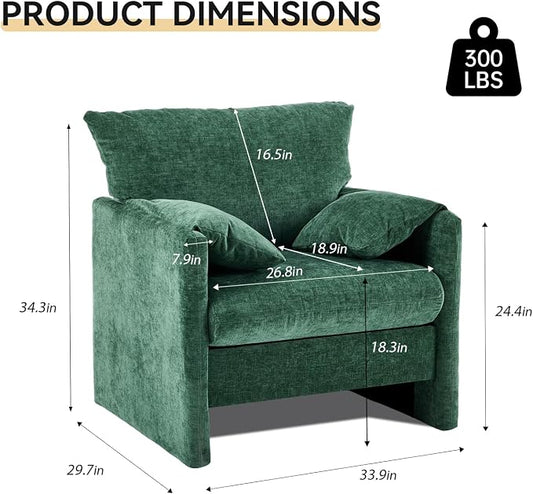 Chenille Oversized Armchair Set of 2, 34" Wide Accent Chair for Living Room Bedroom Modern Upholstered Lounge Chair Mid-Century Reading Chair Comfy Single Sofa Chair, Green