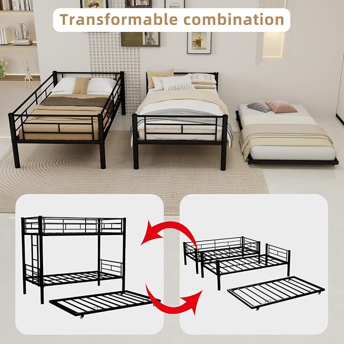 Livavege Detachable Bunk Bed Twin Over Twin with Trundle, Heavy Duty Bunk Beds for 3 Kids/Teens/Adults with Safety Guardrails & Ladder, Space Saving 3 Metal Bed Frame for Bedroom, Dorm, Black