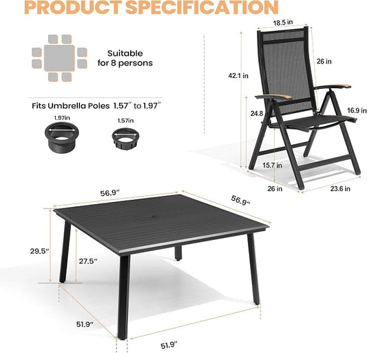 Pellebant 9 Pieces Aluminum Patio Table and Chairs Set - 57" Square Table and Foldable Chairs Outdoor Dining Set with Umbrella Hole, Weather Resistant Sturdy Frame for Deck, Porch & Backyard