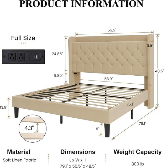 SHA CERLIN Full Size Platform Bed Frame with Charging Station, Linen Wingback Headboard with Storage Shelf, Wooden Slats Support, Ample Under-Bed Space, No Box Spring Needed, Easy Assembly, Beige