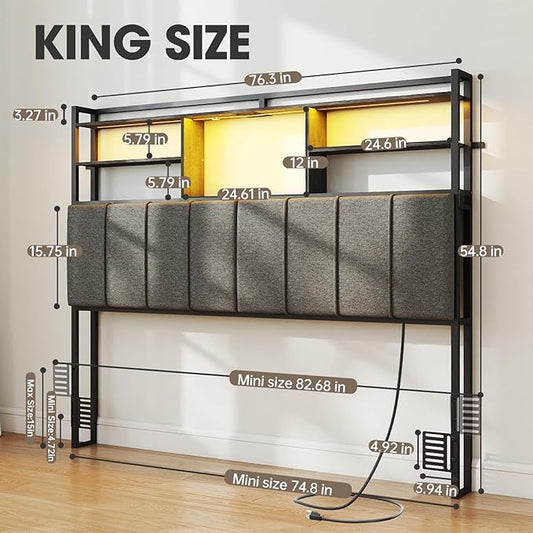 54.8" Tall King Size Headboard with 3-Tier Storage Shelves, Linen Upholstered Head Board with USB & Type C Port & LED Light, Soft Backrest for King Size Bed,Sturdy Headboard Only