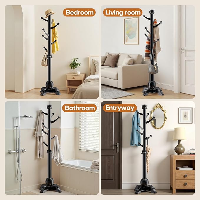 Hall Tree, Freestanding Wood Tree Rack with 7 Hooks, Coat Rack with Stable Sphere Base, Wooden Coat Rack Stand, Load 210 lb, Coat Hanger Stand for Entryway, Hallway, Bedroom (Black)