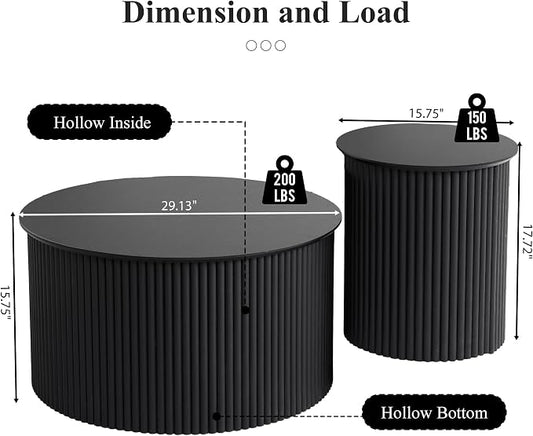 Fluted Round Nesting Coffee Table Set of 2, Mid Century Modern Wood Coffee Tables and End Table Set, Circle Side Table Minimalist Center Tables for Living Room, Office(Black)