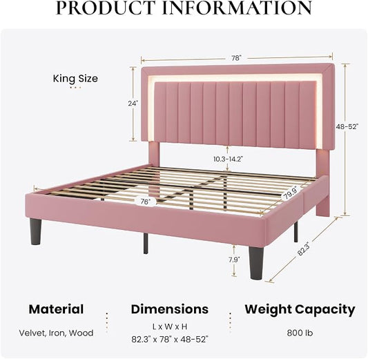 SHA CERLIN King Size Velvet Bed Frame with LED Light, Adjustable Vertical Channel Tufted Headboard, Strong Wooden Slats Support, Noise-Free, No Box Spring Needed, Pink