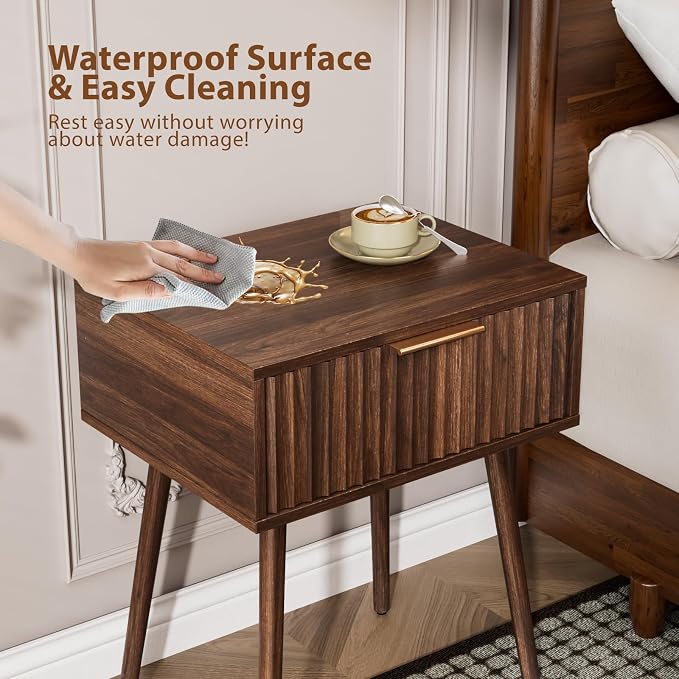 VINGLI Nightstands Set of 2, Fluted Night Stand with Drawer, Bedside Table, Wood Nightstand for Bedroom, Mid Century Modern End Tables, Walnut, 18.9" W*14.96" D*24" H