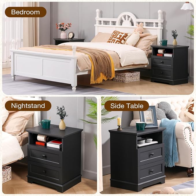 20-Inch Wide Modern Nightstands Set of 2 with Charging Station & Outlets, Bedside Tables with 2 Drawers and Open Shelf, Sleek Design End Tables for Bedroom and Office, Black