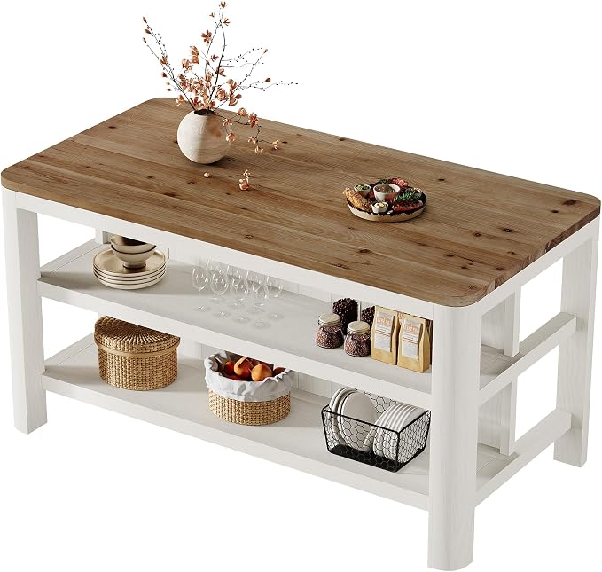 63-Inch Solid Wood Kitchen Island with Storage Shelves, Farmhouse Island Table with Seating, Counter Height Bar Table for Dining Room, Kitchen, Easy to Assemble, Brown and White