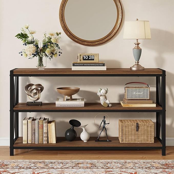 FATORRI Console Table for Entryway, 55 Inch Modern Entry Table with 3 Tier Shelves, Couch Tables Behind Sofa for Living Room (Medium Walnut)