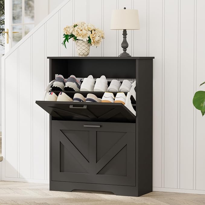 Homleke Farmhouse Shoe Cabinet for Entryway with 2 Barn-Style Flip Drawers, Narrow Shoe Storage Organizer with Top Display Shelf, Adjustable Shelves, Shoe Rack for Hallway, Closet- (Black, 24" Wide)