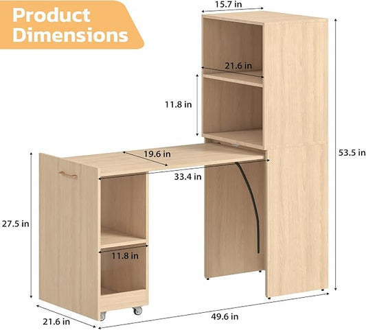 Zevemomo Folding Desk with Storage, Convertible Table with Shelves & Wheels, Craft Cabinet with Fold Out Table, Compact Computer Desk for Small Space, Reversible L Shaped Desk - Beige