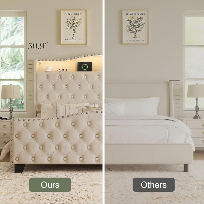Belffin King Size Bed Frame and Headboard, 50.9" Velvet Upholstered Wingback Bedframe with LED Lights & Storage/Charging Station, Button Tufted Tall Footboard, No Box Spring Needed, Noise-Free, Beige