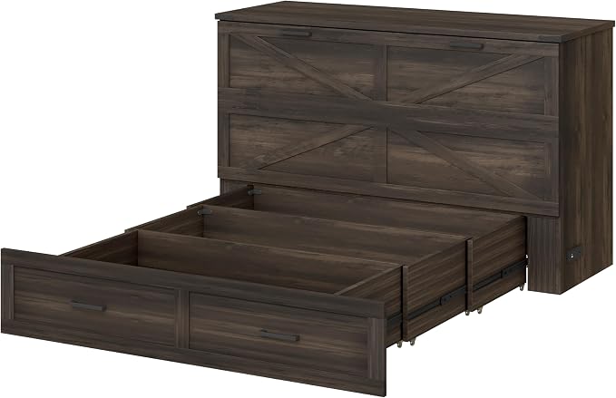 Bellemave Queen Murphy Bed with Charging Station and Storage, Farmhouse Murphy bedframe with Foldable Panel, Noisy Free, for Guest Bedroom, Living Room, Office, Rustic Gray