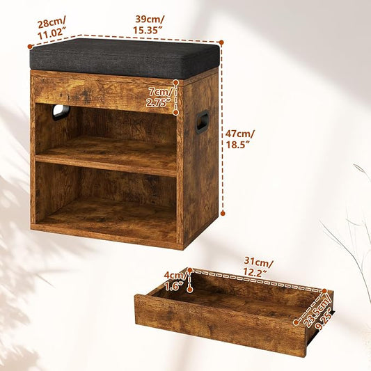 YMYNY Small Shoe Storage Bench with Cushion and Drawer, 2 Tier Adjustable Entryway Bench with Storage, Wooden Shoe Rack Bench for Entryway, Living Room, Hallway, Closet, Bedroom, Rustic Brown, HSC002H