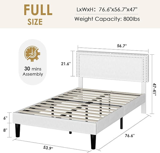VECELO Full Size Platform Bed Frame with Height Adjustable Upholstered Headboard, Modern Mattress Foundation,Strong Wood Slat Support, No Box Spring Needed, Easy Assembly,White