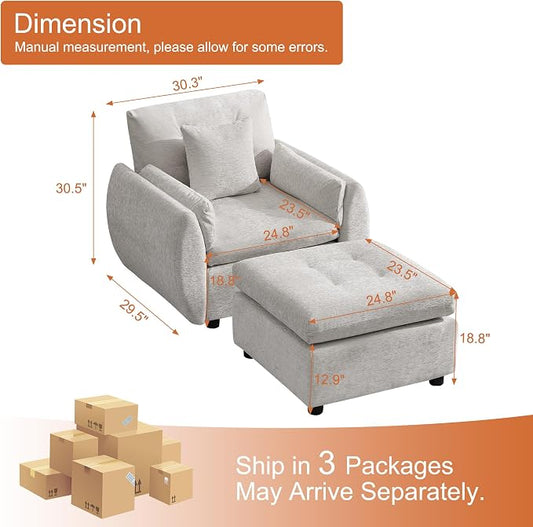 30" Modular Cloud Accent Chair with Ottoman, Deep Seat Tufted Chenille Sofa Chair with Curved Arms, Upholstered Reading Chairs for Living Room, Bedroom, Light Grey