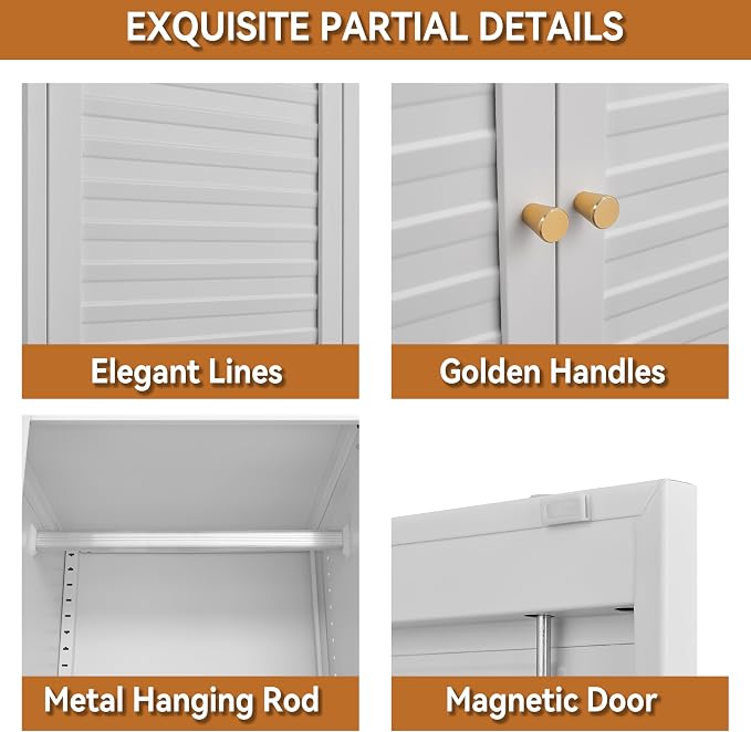 Polup Metal Armoire Wardrobe Closet with Doors, 71" Tall White Wardrobe Cabinet with Hanging Rod and Adjustable Shelves, Steel Clothing Storage Cabinet for Bedroom, School, Employee, Gym, Office