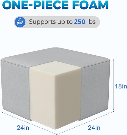 Living&Giving Square Outdoor Ottoman Pouf, 24 Inch Waterproof Patio Ottoman Foot Rest with Solid High-Density Foam, Comfy Boneless Footstool for Outside Couch & Seating, Light Gray