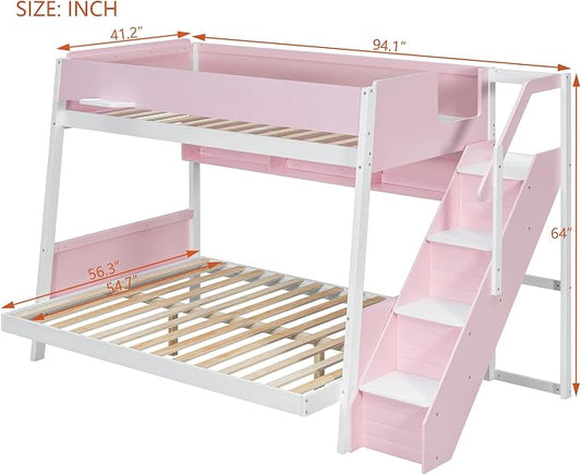 Wood Bunk Bed Twin Over Full with Staircase and Side Shelves | Striped-Design Staircase, Built-In Light Strip, Space-Saving Design, Kids Teens Adults, Versatile Bed Frame