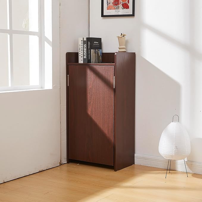 Fold Out Desk with Storage and Built-in Outlet, Mid Century Foldable Desk for Small Spaces, Hidden Folding Table for Home Office or Bedroom (Brown)