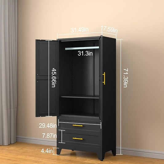 erosoei Metal Armoire Wardrobe Closet, 71 "Metal Clothing Storage Cabinet | with Adjustable Shelves and Hanging Rod, Household Steel Wardrobe Storage Cabinet with Drawers (Armoire-Black)