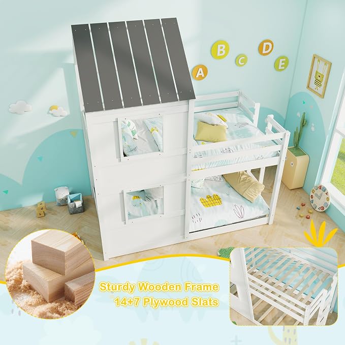 Giantex House Bunk Bed Twin Over Twin, Solid Wood Floor Bunk Bed with Built in Ladder, Window & Safety Guardrail, Wooden Kids Low Bunk Beds for Teens Boys & Girls, No Box Spring Needed, White