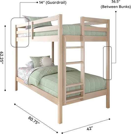 Grain & Grove Bear Twin Over Twin Bunk Bed, Sturdy Bunk Bed Frame for Kids, Plywood Bunk with Ladder, Guardrail, and Slats, No Box Spring Required, Oak Embossed Natural